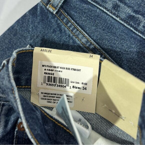AGOLDE 90’s Pinch Waist High Rise Straight Leg Organic Denim Blue Jeans Size 34 - Picture 9 of 9